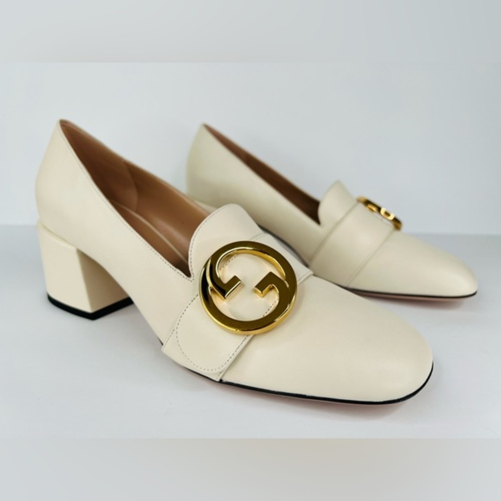 Gucci Blondie Women's Natural Gg Logo Leather Block Heel Pumps Size EU 41